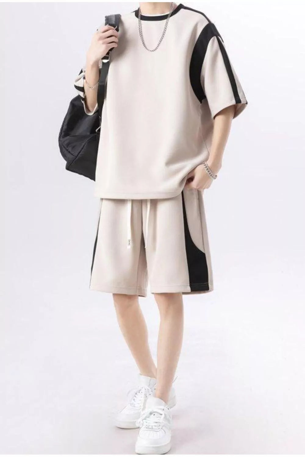 Men's Plus Size Contrast Round Neck Top and Shorts Set