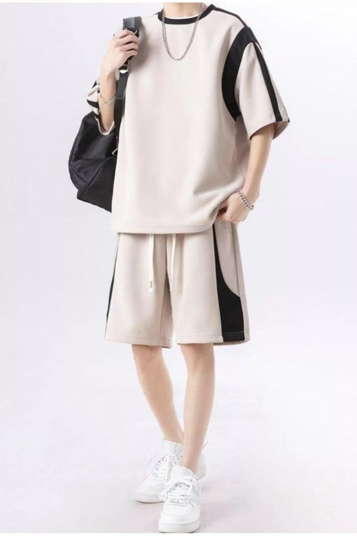Men's Plus Size Contrast Round Neck Top and Shorts Set