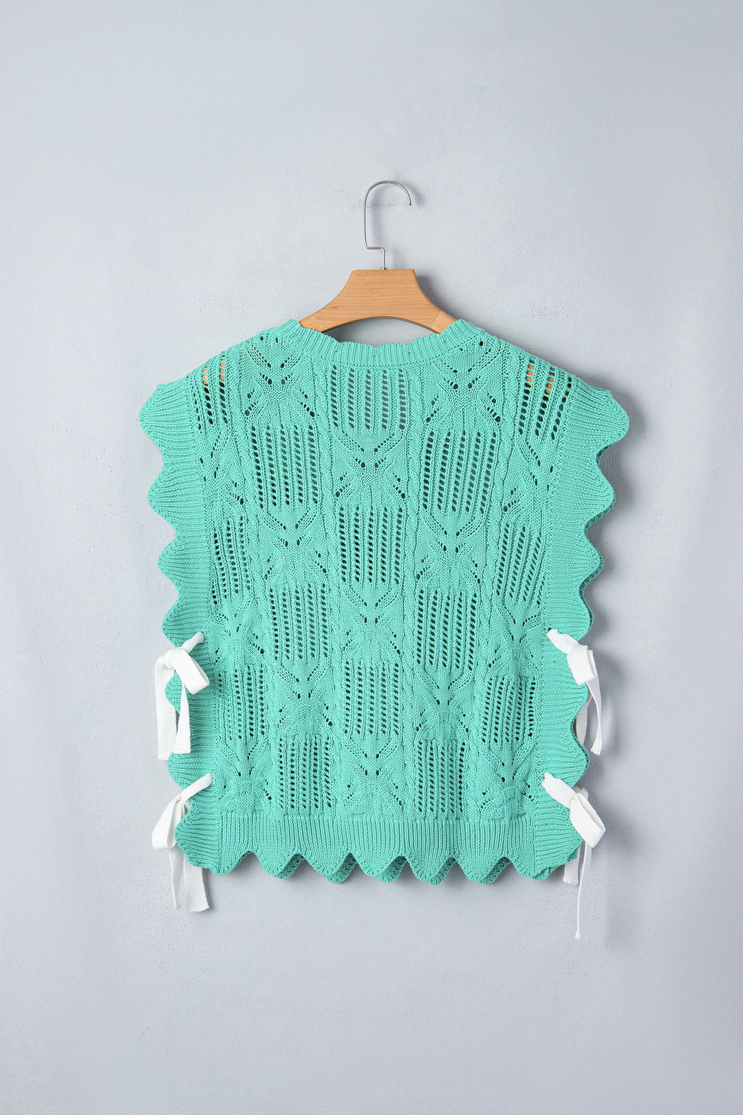 Mint Green Pointelle Knit Patterned Scalloped Trim Short Sleeve Sweater