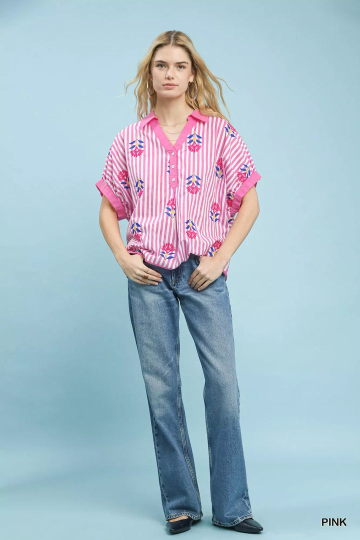 Umgee Stripe Embroidered Button-Front Boho Blouse