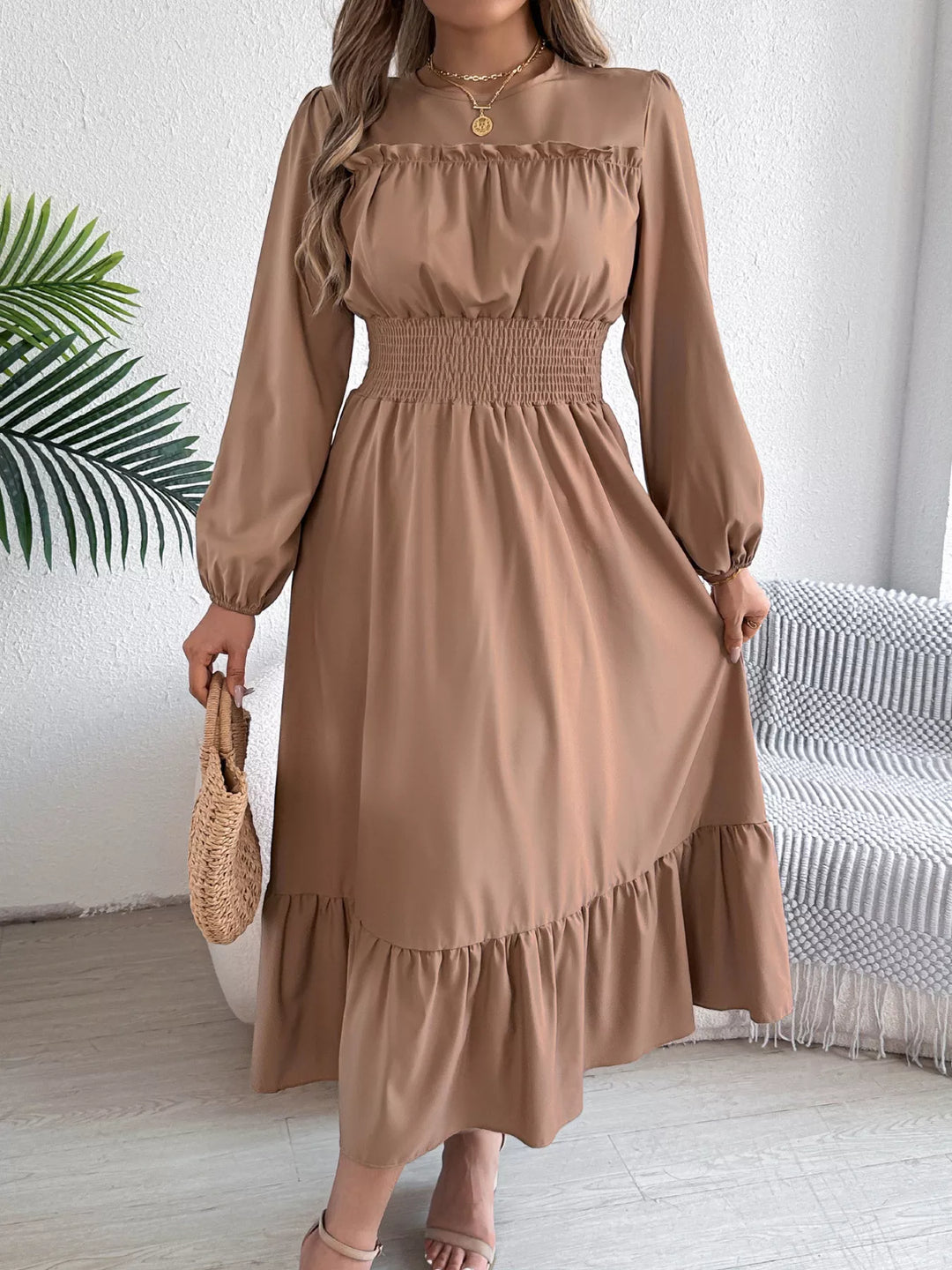 Round Neck Balloon Sleeve Tiered Dress