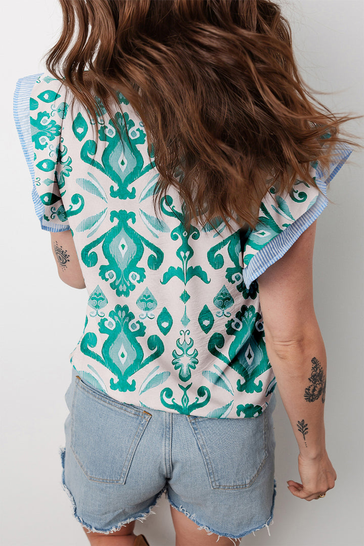 Sky Blue Ethnic Print Striped Trim Flutter Sleeve Top