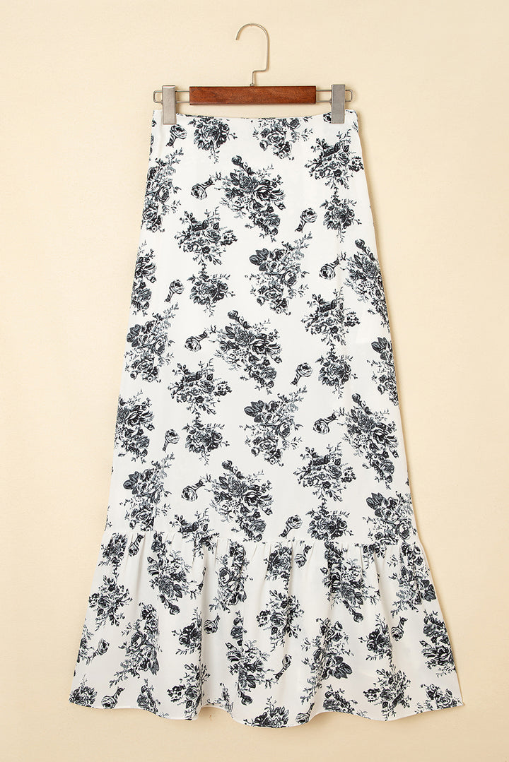 Jupe longue fendue à volants taille haute à fleurs style bohème noir