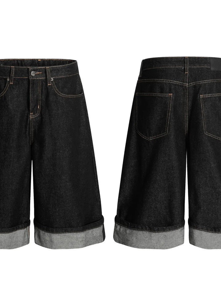 Men's Baggy Denim Shorts with Cuffed Hem