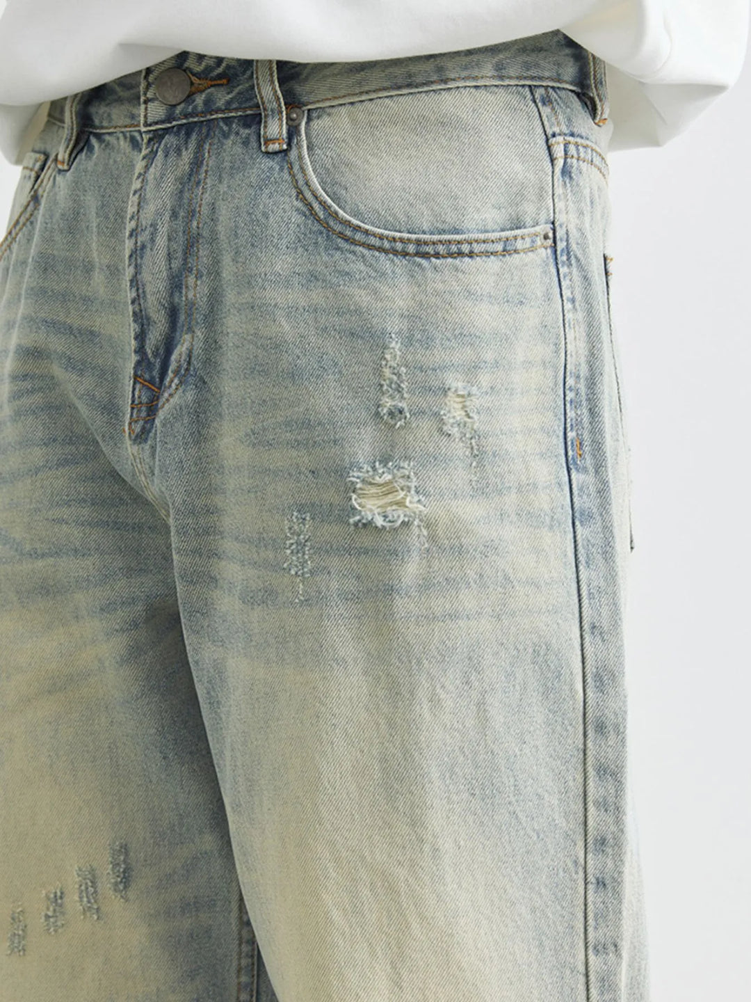 Men's Distressed Wash Wide Leg Jeans
