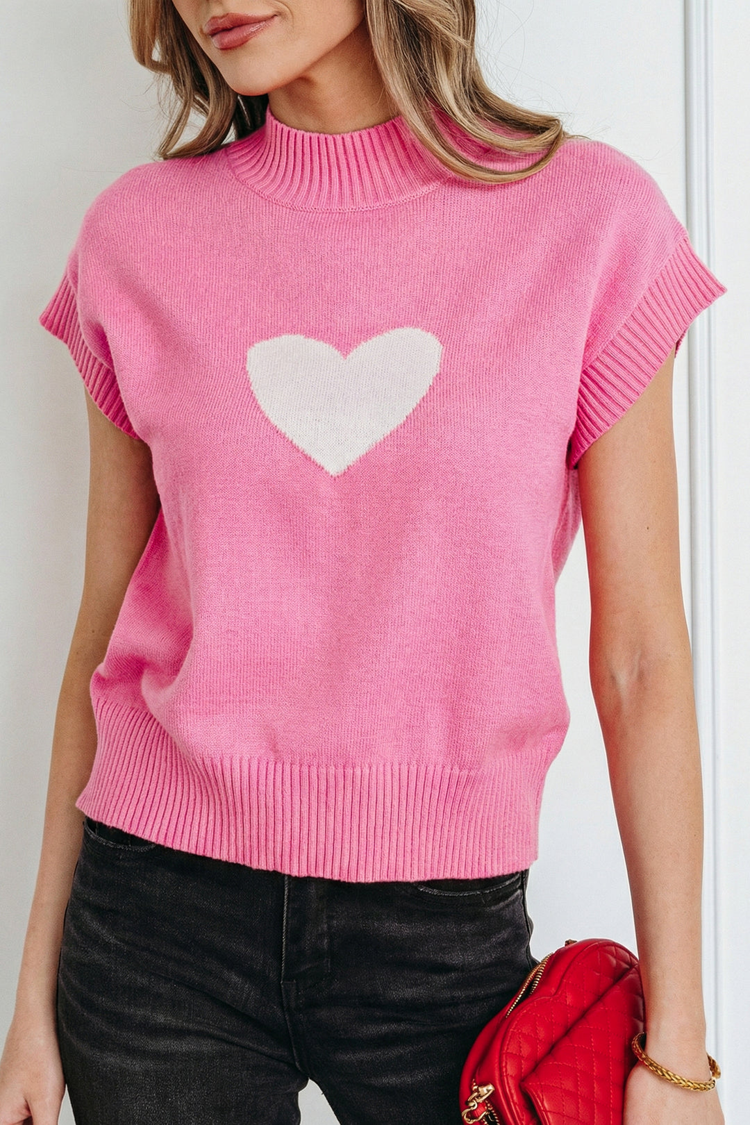 Pink Valentine Heart Graphic Cropped Short Sleeve Sweater