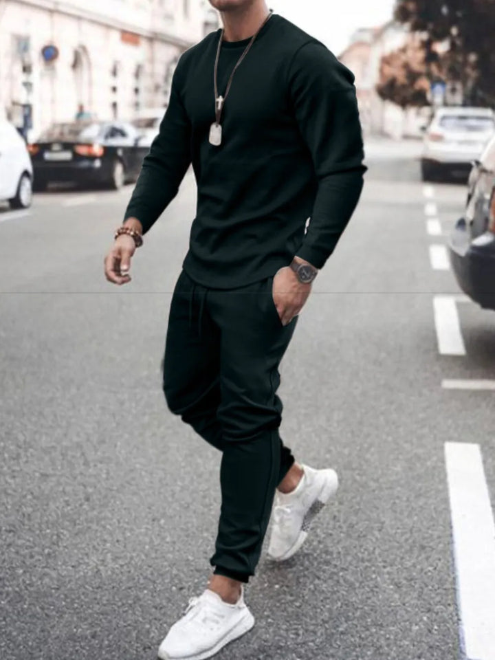Men's Full Size Round Neck Long Sleeve Top and Pants Set Plus Size