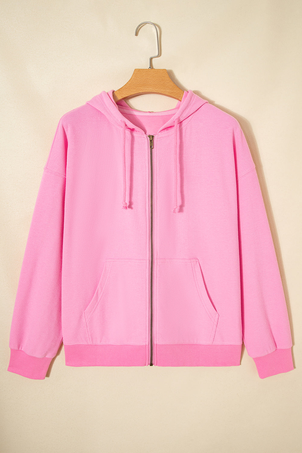 Sachet Pink Solid Color Ribbed Zip Up Drawstring Hooded Jacket