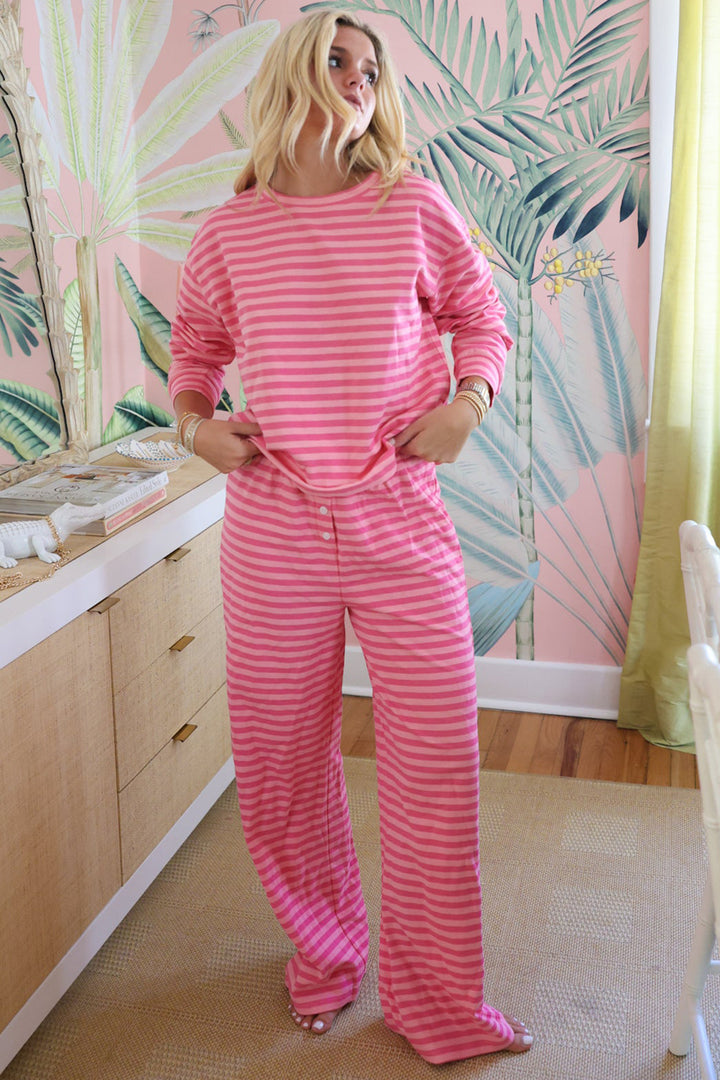 Rose Stripe Drop Shoulder Round Neck Top and Buttoned Straight Pants Two Piece Set