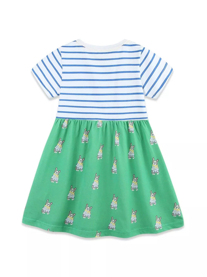 Children's Striped Dog Print Short Sleeve Dress