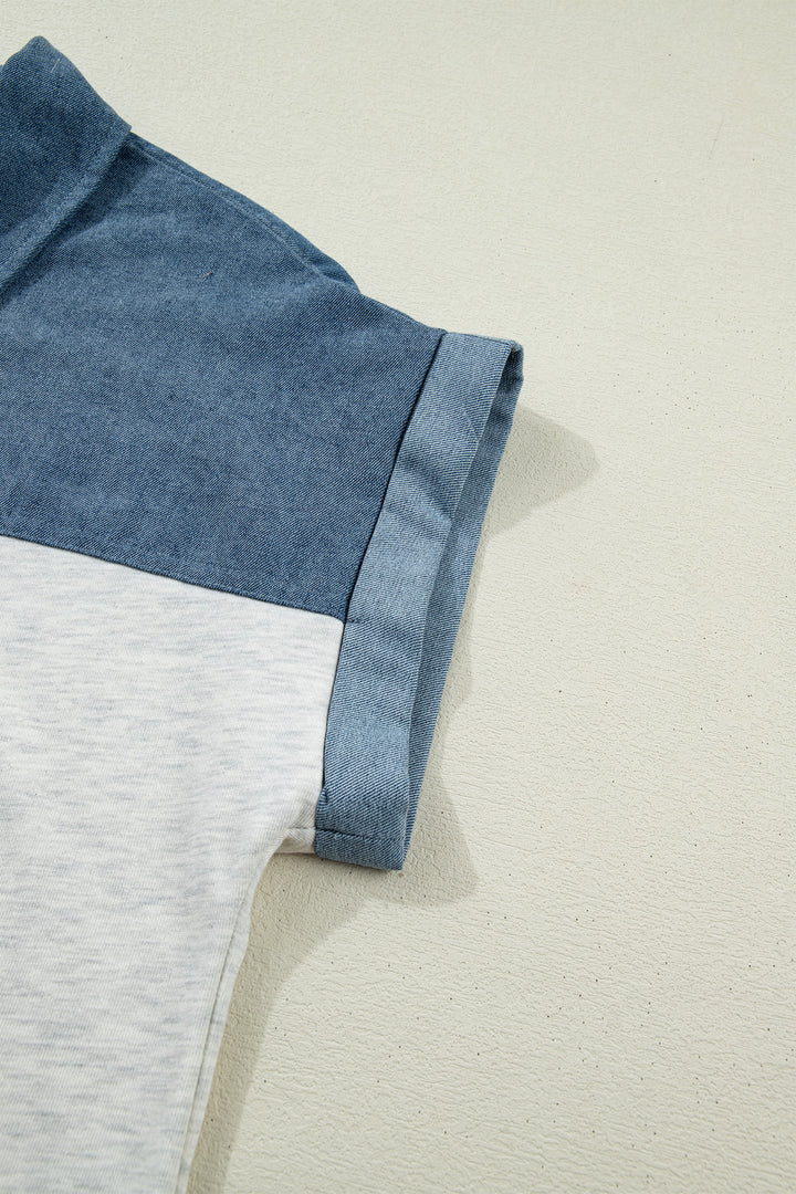 Light Grey Color Block Denim Patchwork Button Polo Collar Short Sleeve Top