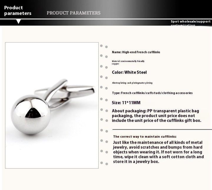 Silver Steel Ball Shape Metal Cufflinks French Shirt Men's Cufflink