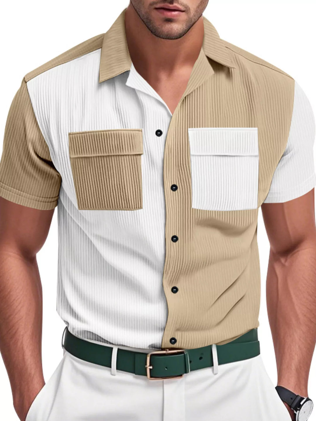 Men's Full Size Two-Tone Textured Short Sleeve Shirt Plus Size