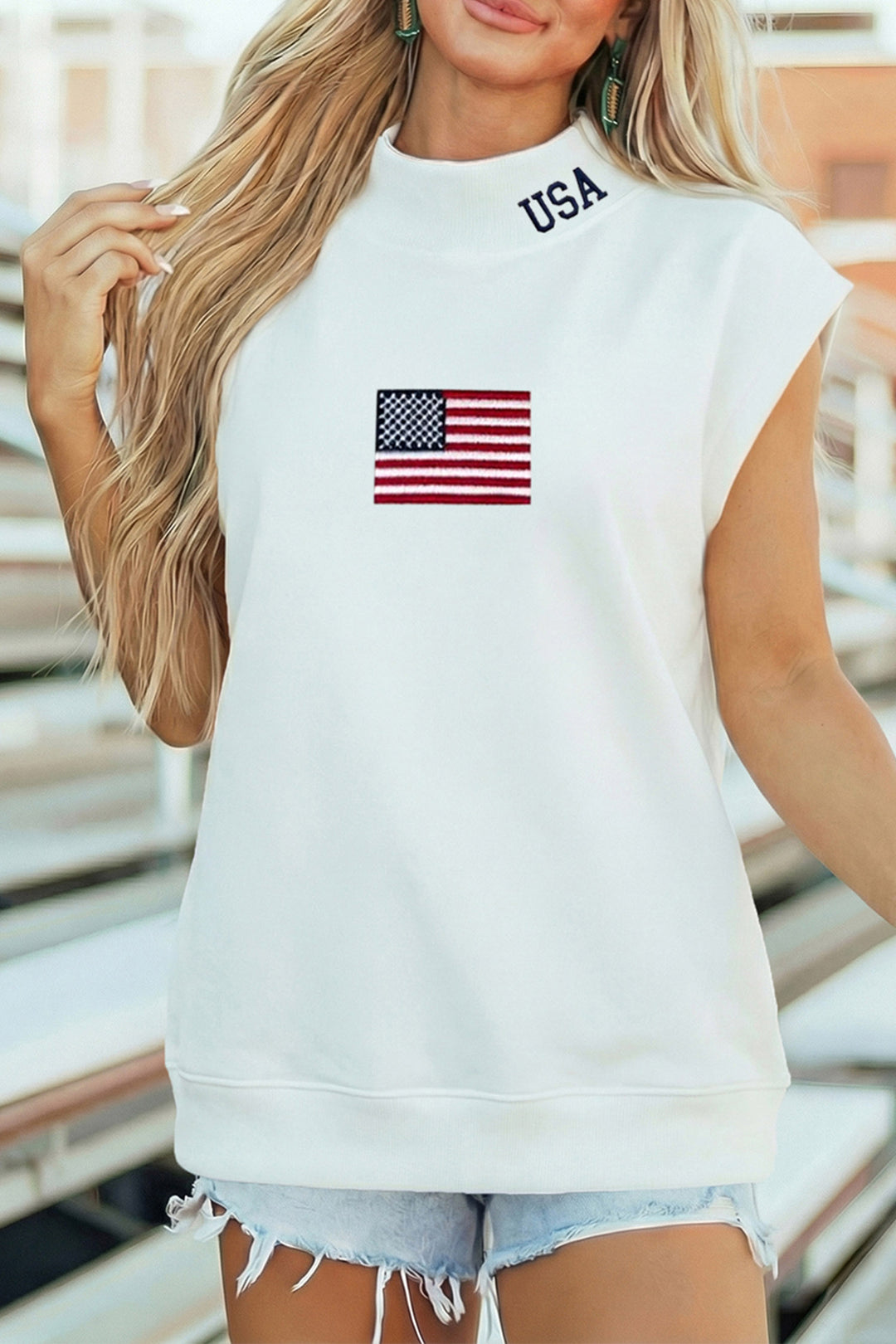 White USA Flag Embroidered High Neck Cap Sleeve Top