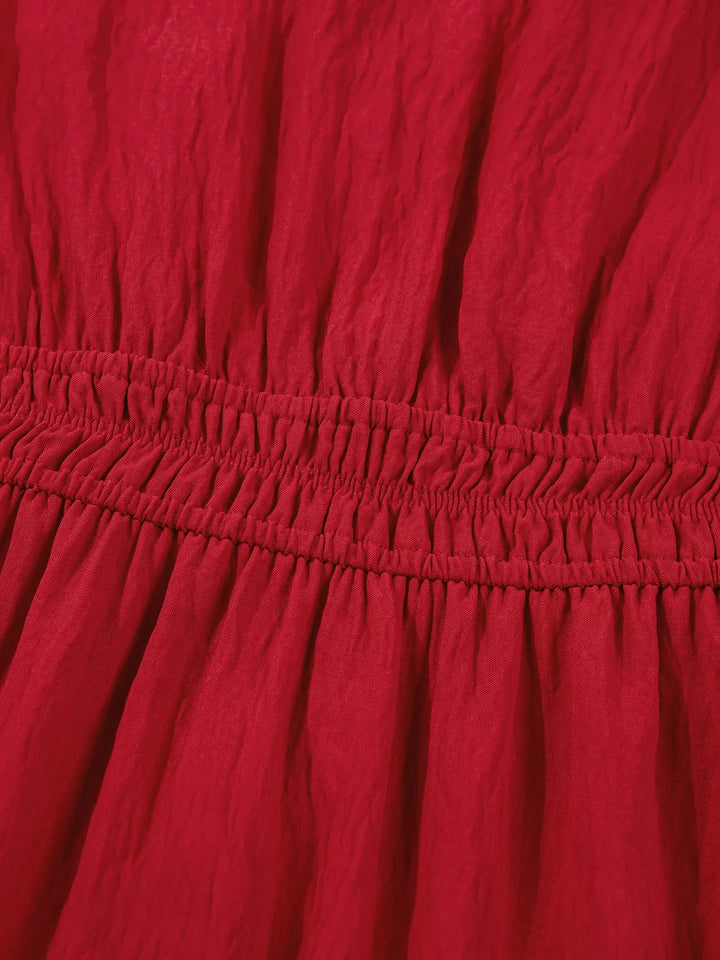Contrast Embroidered Detail Cinched Waist Tiered Long Sleeve Maxi Dress