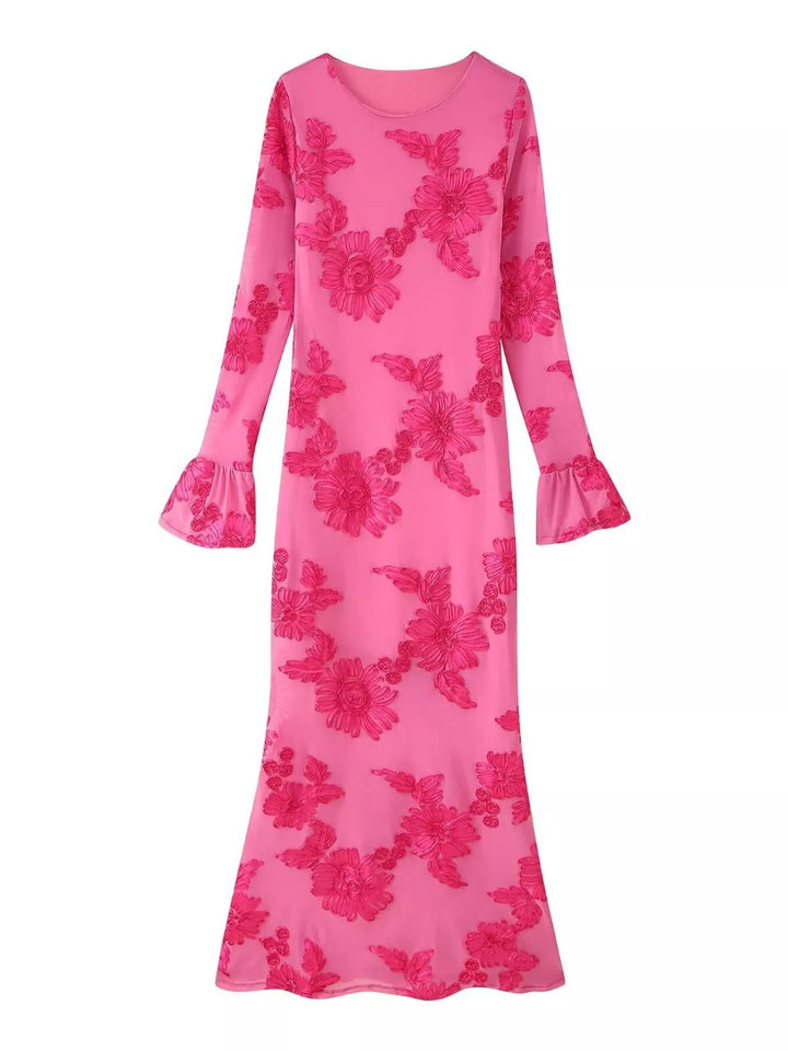 Floral Flounce Sleeve Round Neck Dress