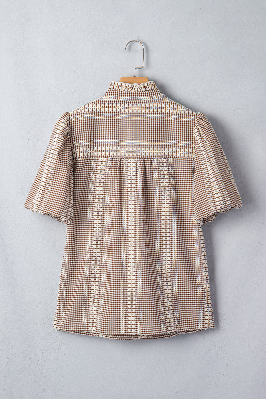 Brown Western Pony Embroidered Yoke Puff Sleeve Gingham Blouse