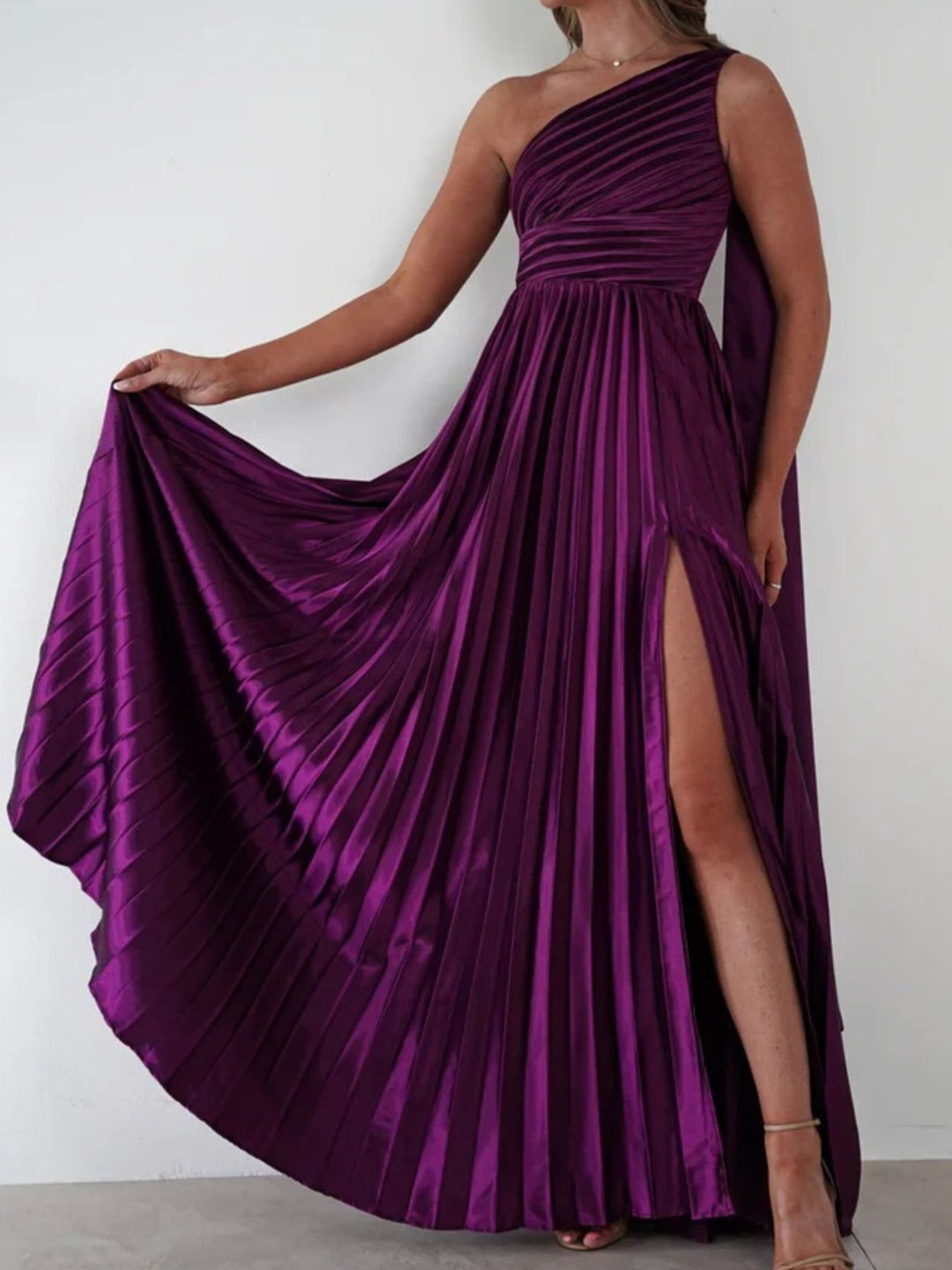 One-Shoulder Pleated Slit Maxi Dress