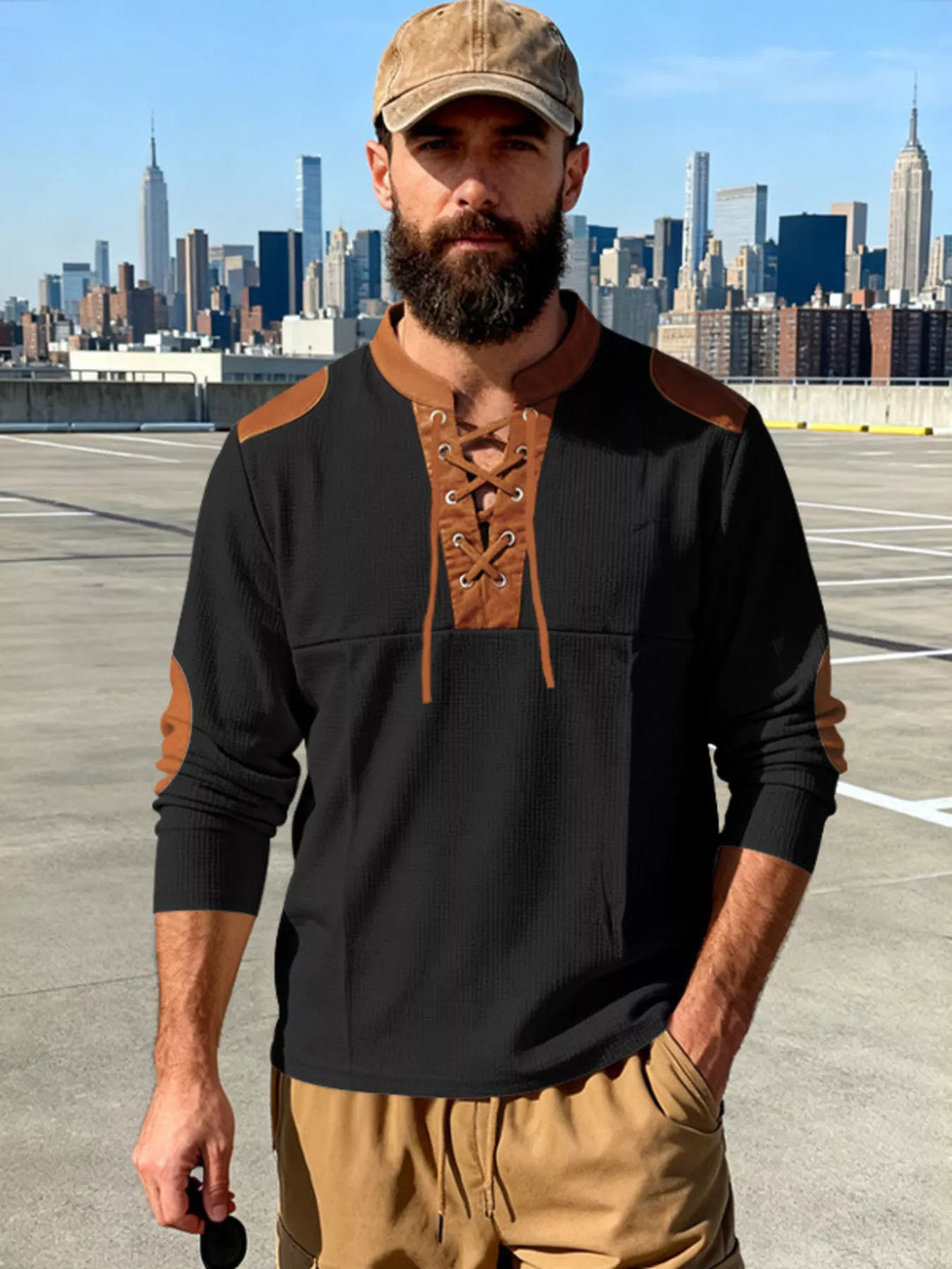 Men's Full Size Vintage Lace-Up Long Sleeve T-Shirt Plus Size