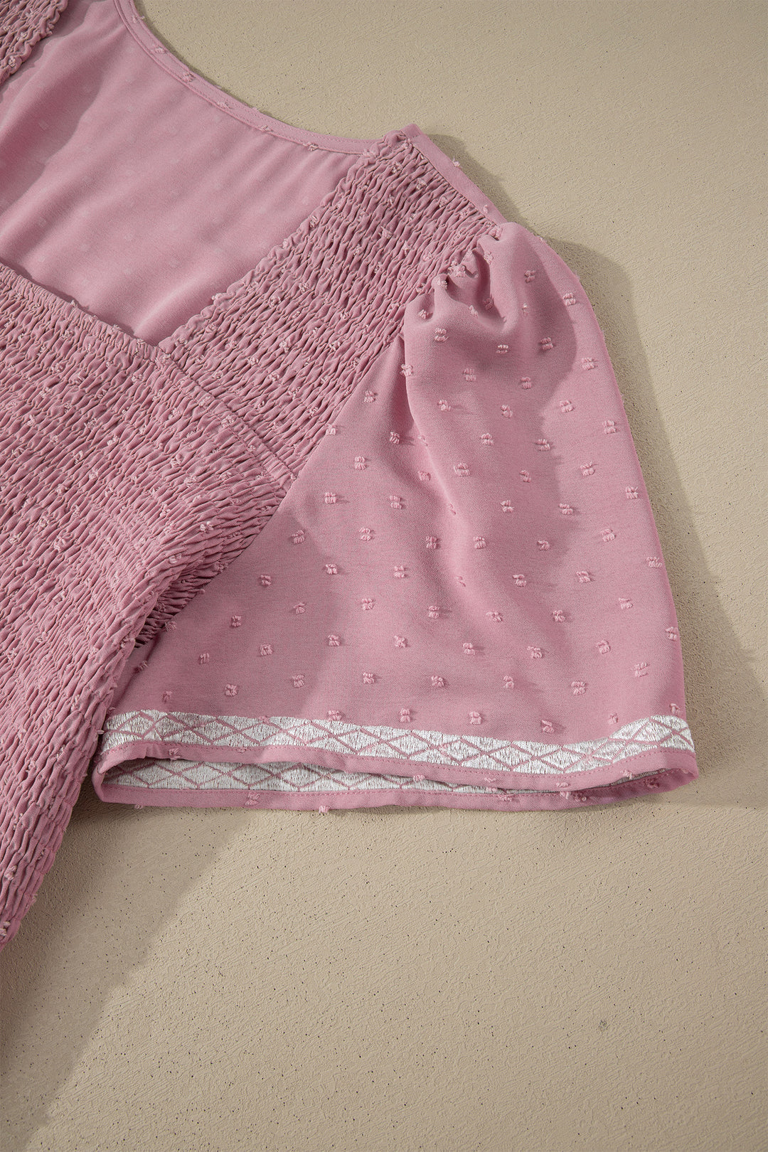 Pink Plus Size Swiss Dot Short Sleeve Smocked High Waist Flowy Midi Dress