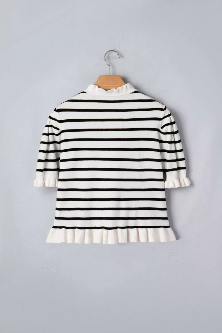 Stripe Ruffle Trim Button Down Knit Short Sleeve Sweater Cardigan