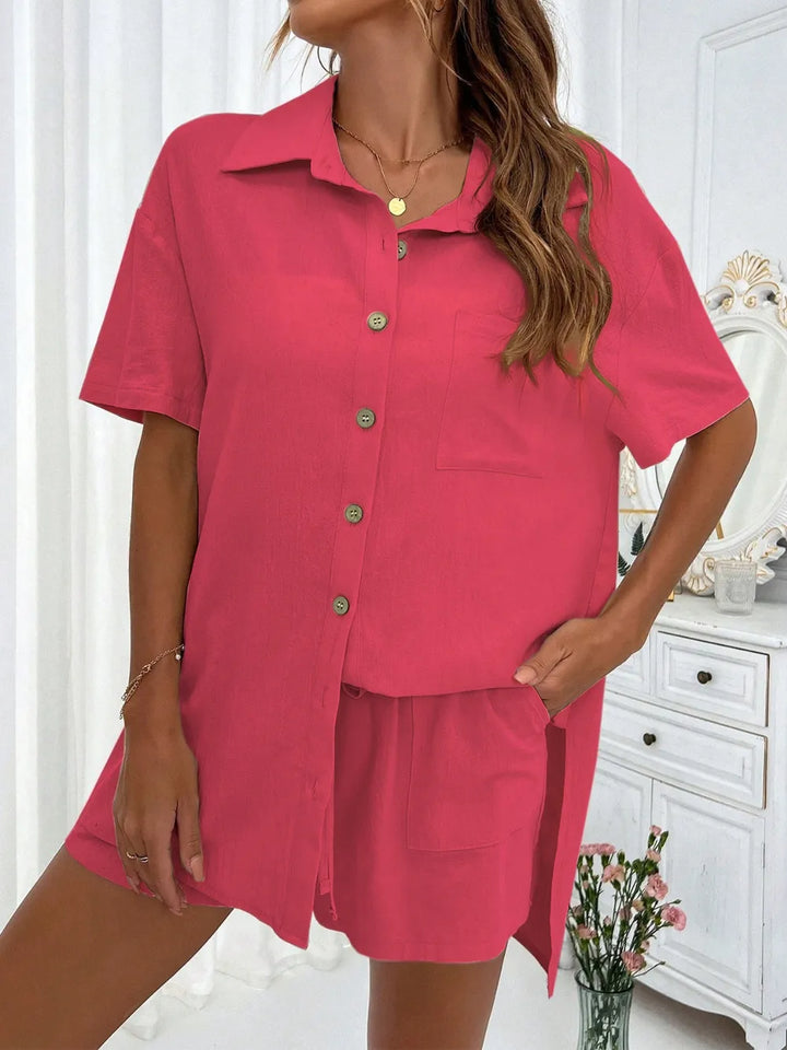 Honey Button Up Half Sleeve Top and Shorts Set