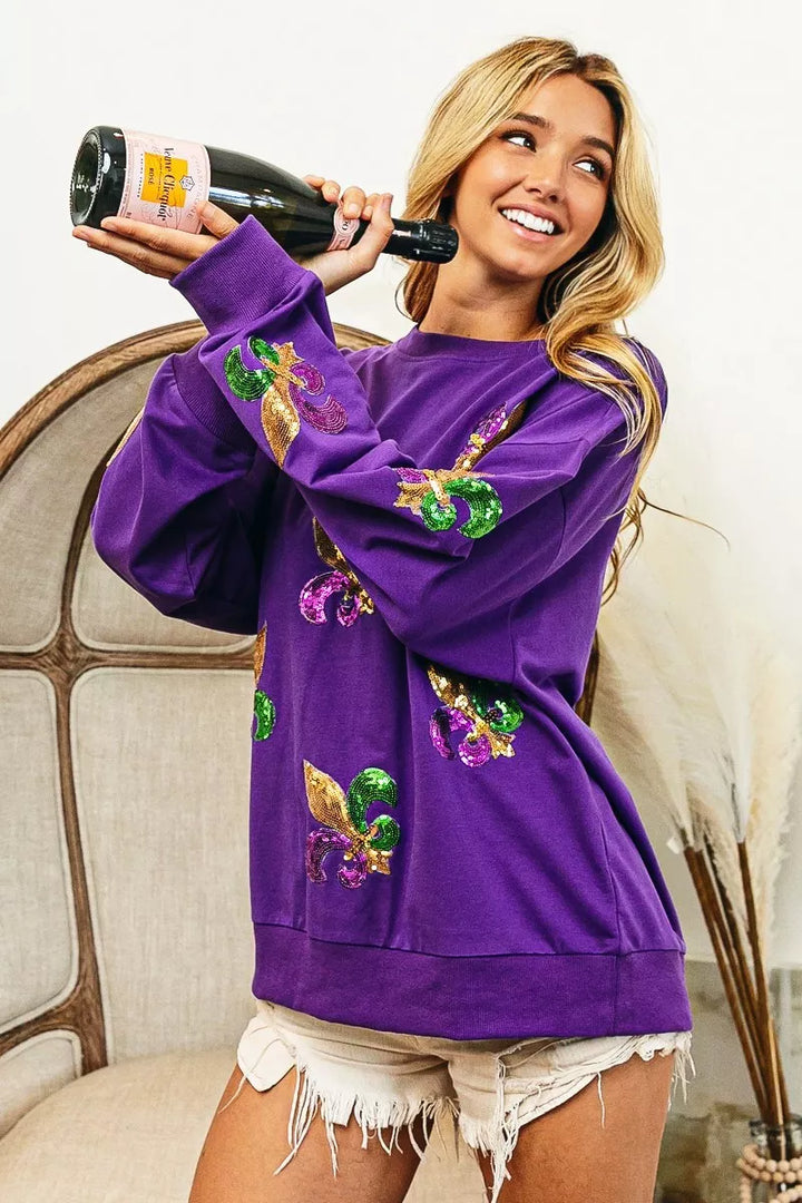 BiBi Fleur De Lis Sequin Patches Mardi Gras Sweatshirt