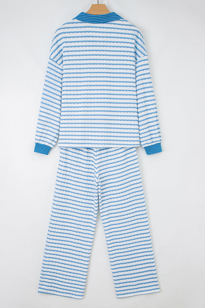 Sky Blue Stripe Collared Pullover Top and Drawstring Pant Set