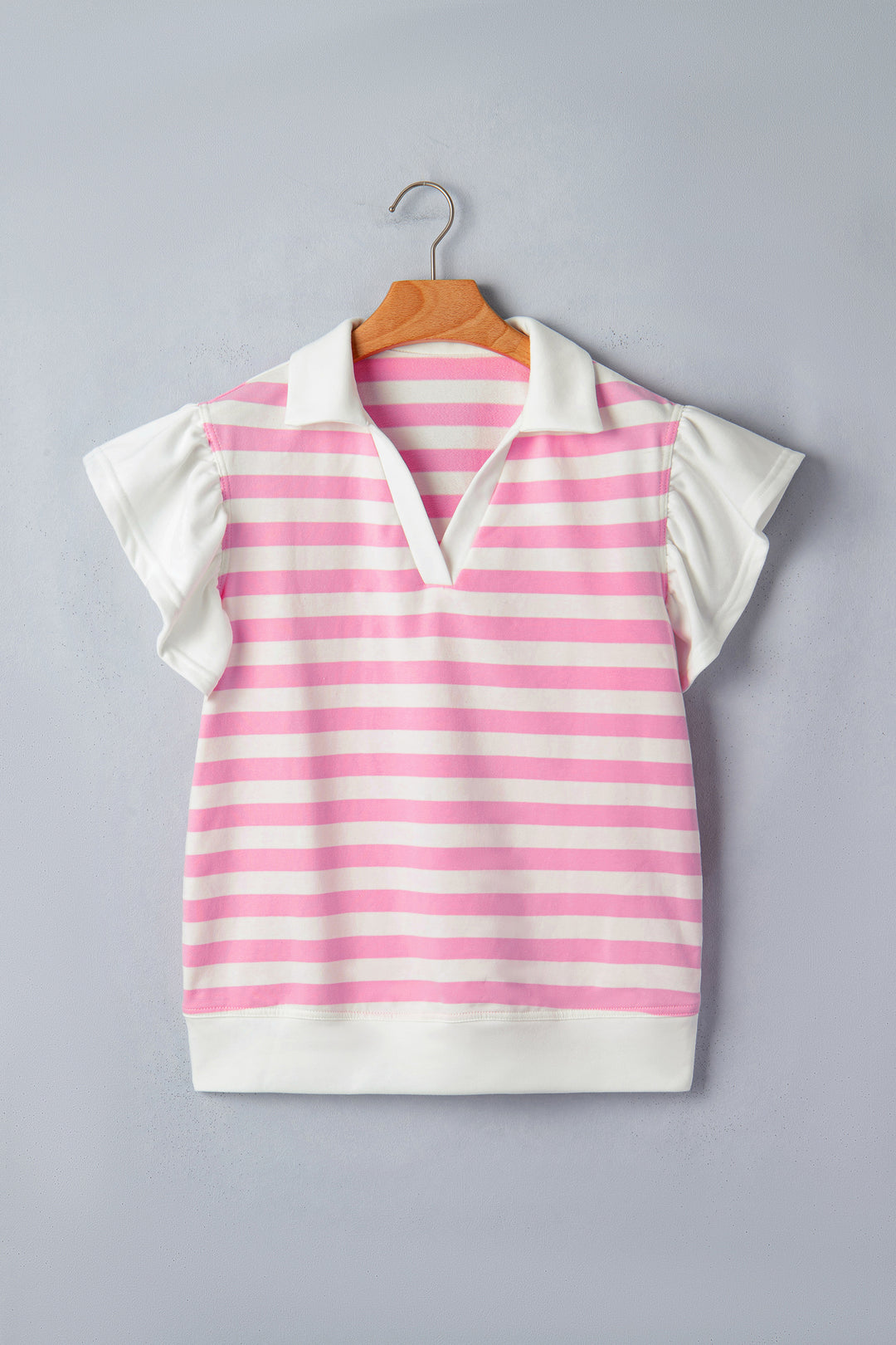 Pink Stripe Collar V Neck Ruffled Short Sleeve Blouse