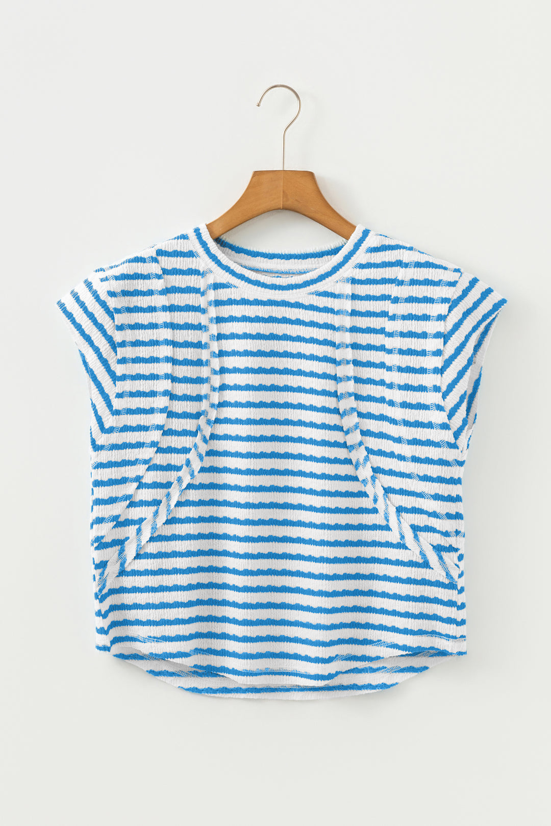 Blue Stripe Textured Short Sleeve Patchwork T Shirt