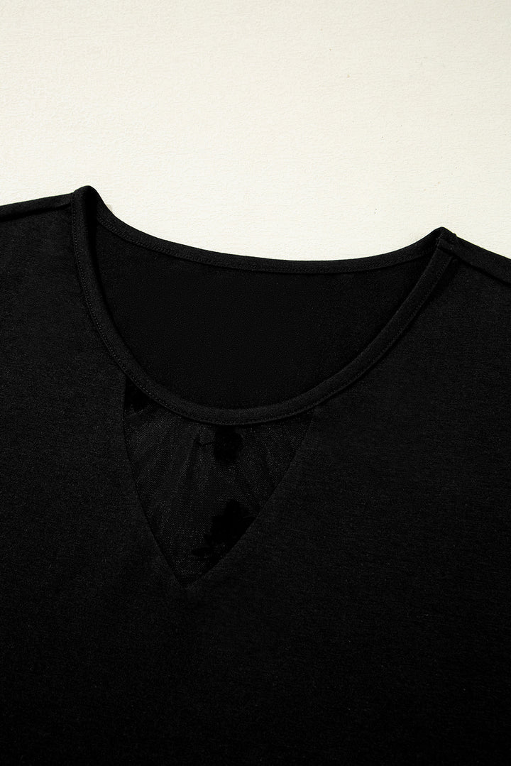 Black Floral Mesh Patchwork Loose V Neck Plus Size T Shirt