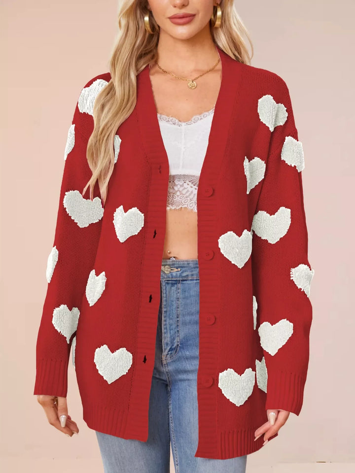 Heart Pattern Knit Button-Up Cardigan
