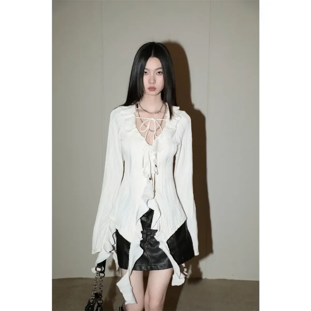 White Lace-Up Fairycore Blouse – Flare Sleeves & Ruffle Hem