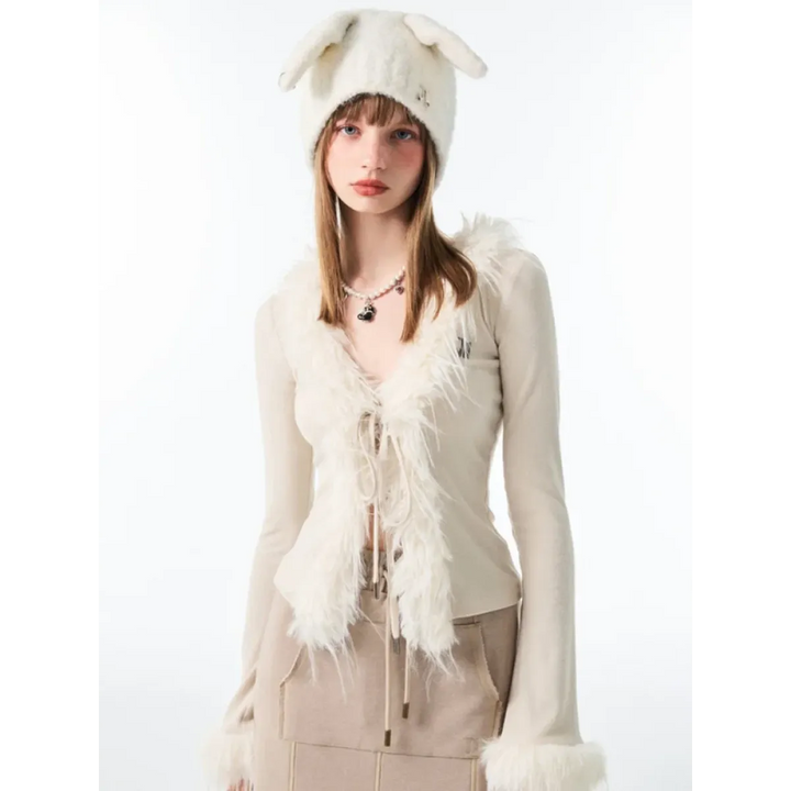 Lace-Up Faux Fur Cardigan – Vintage Slim Fit Long Sleeve Top