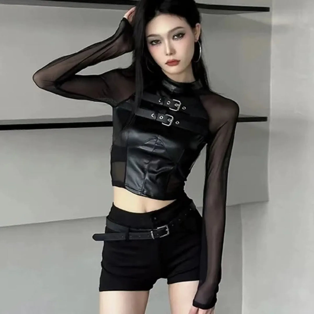 Faux Leather Mesh Crop Top – Harajuku Y2K E-Girl Streetwear