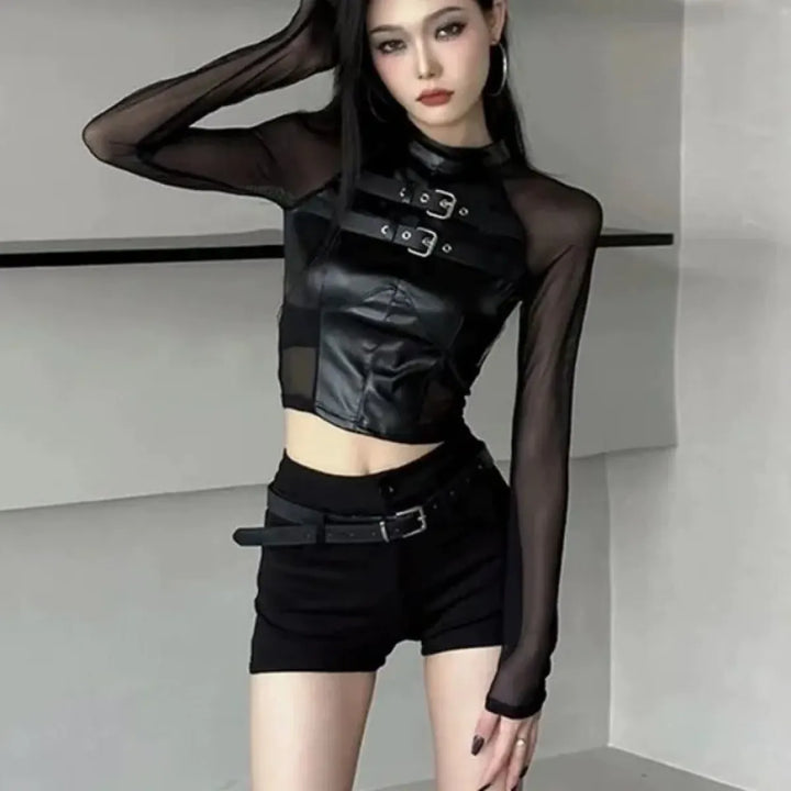Faux Leather Mesh Crop Top – Harajuku Y2K E-Girl Streetwear