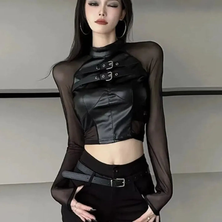 Faux Leather Mesh Crop Top – Harajuku Y2K E-Girl Streetwear