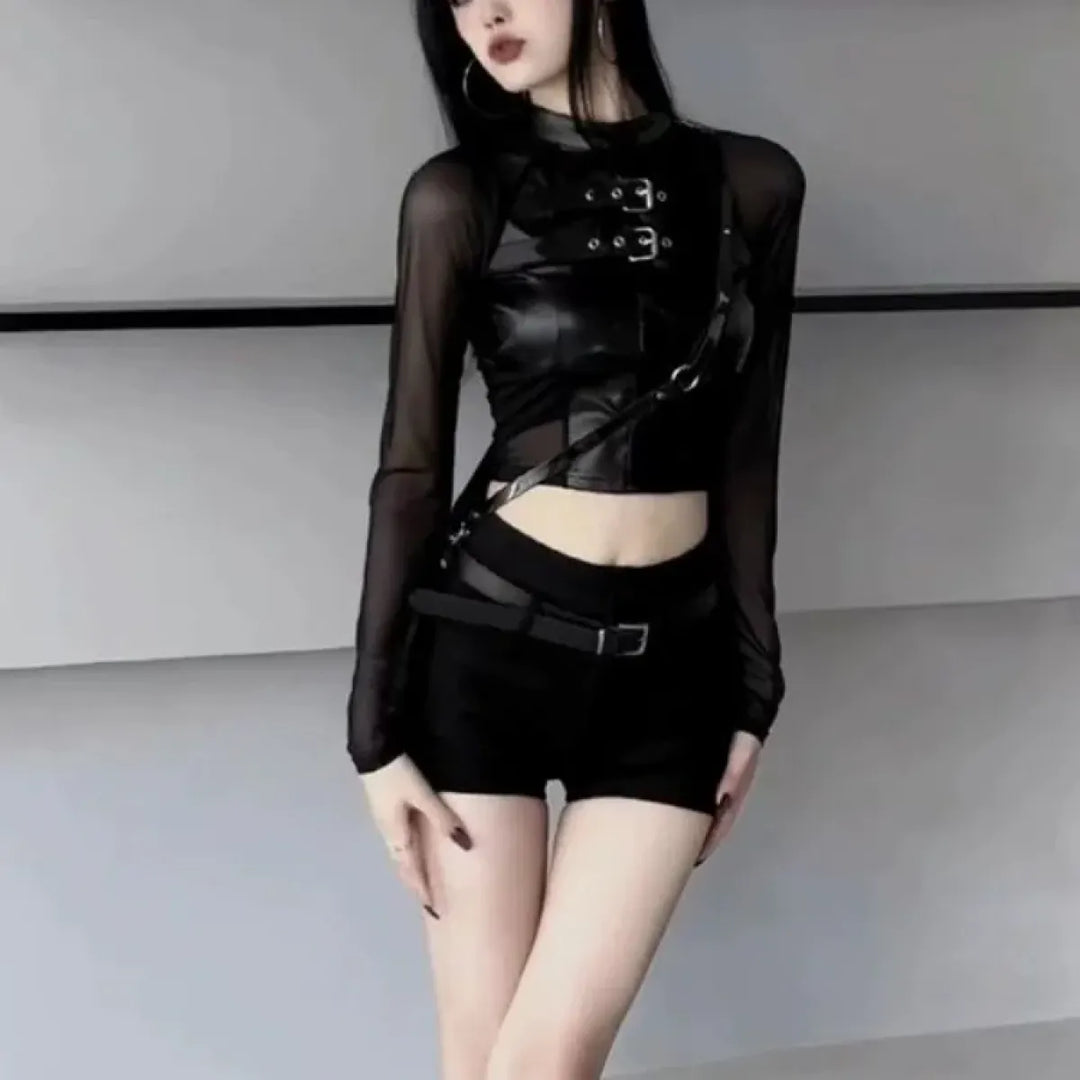 Faux Leather Mesh Crop Top – Harajuku Y2K E-Girl Streetwear