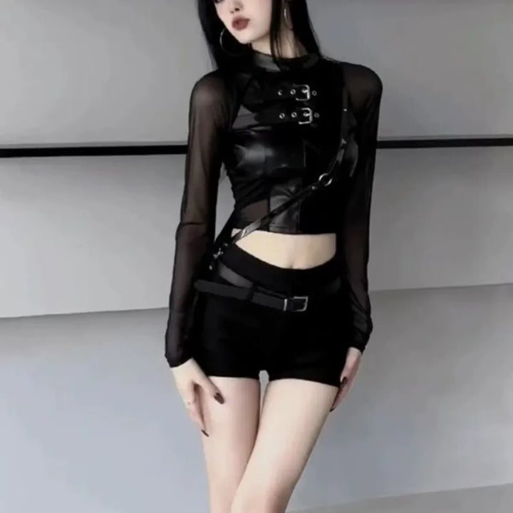 Faux Leather Mesh Crop Top – Harajuku Y2K E-Girl Streetwear