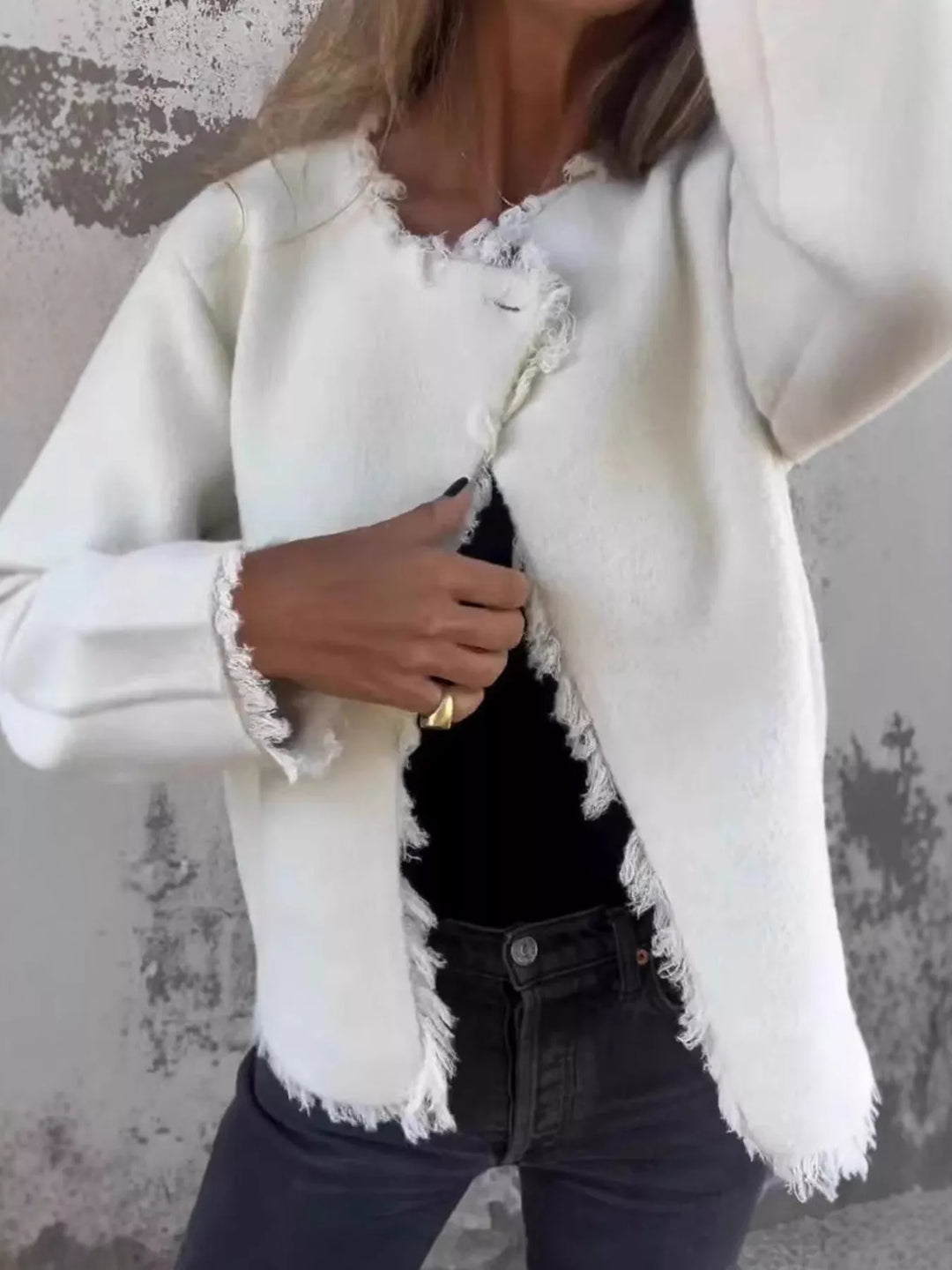 Full Size One Button Frayed Edge Cardigan Plus Size