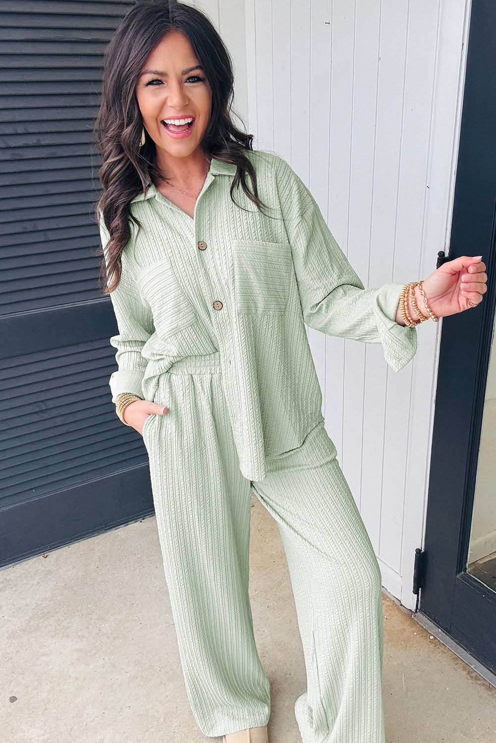 Clearly Aqua Textured Patched Chest Pocket Shirt and Pants Set