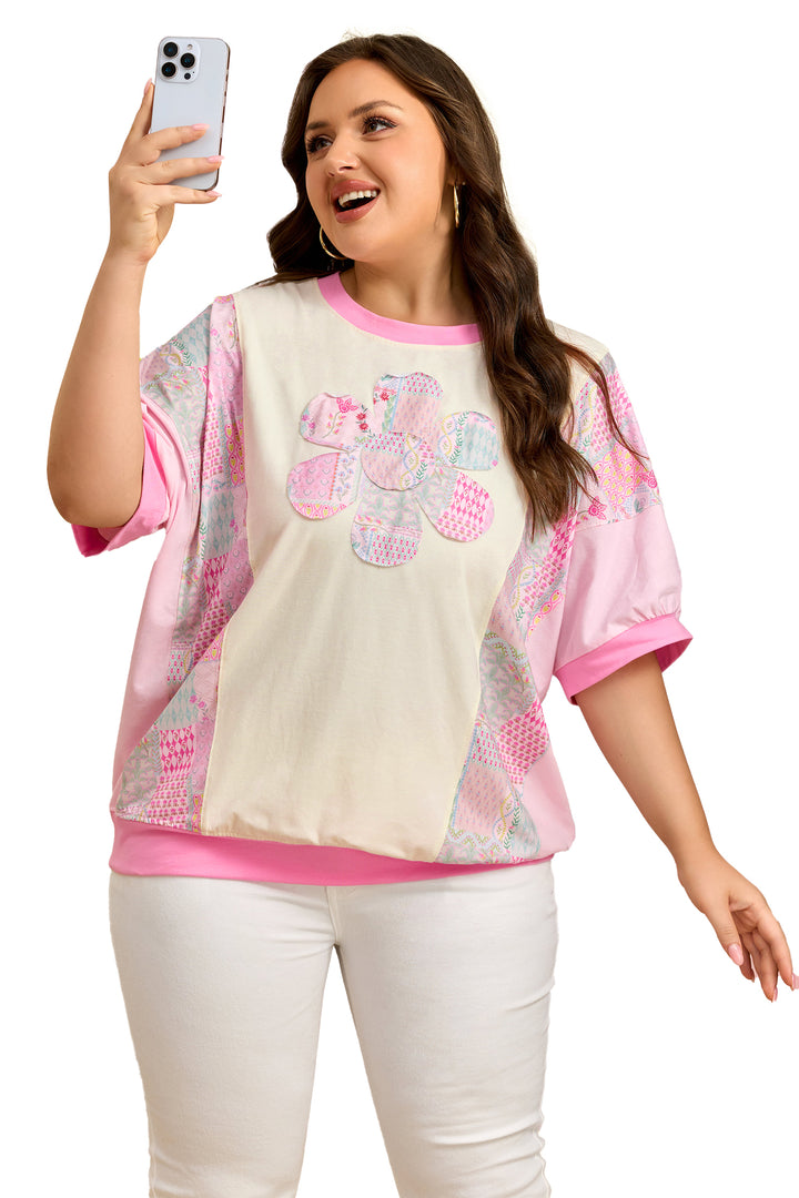 Beige Plus Size Floral Patchwork Short Sleeve Patch Embroidery Cotton T Shirt