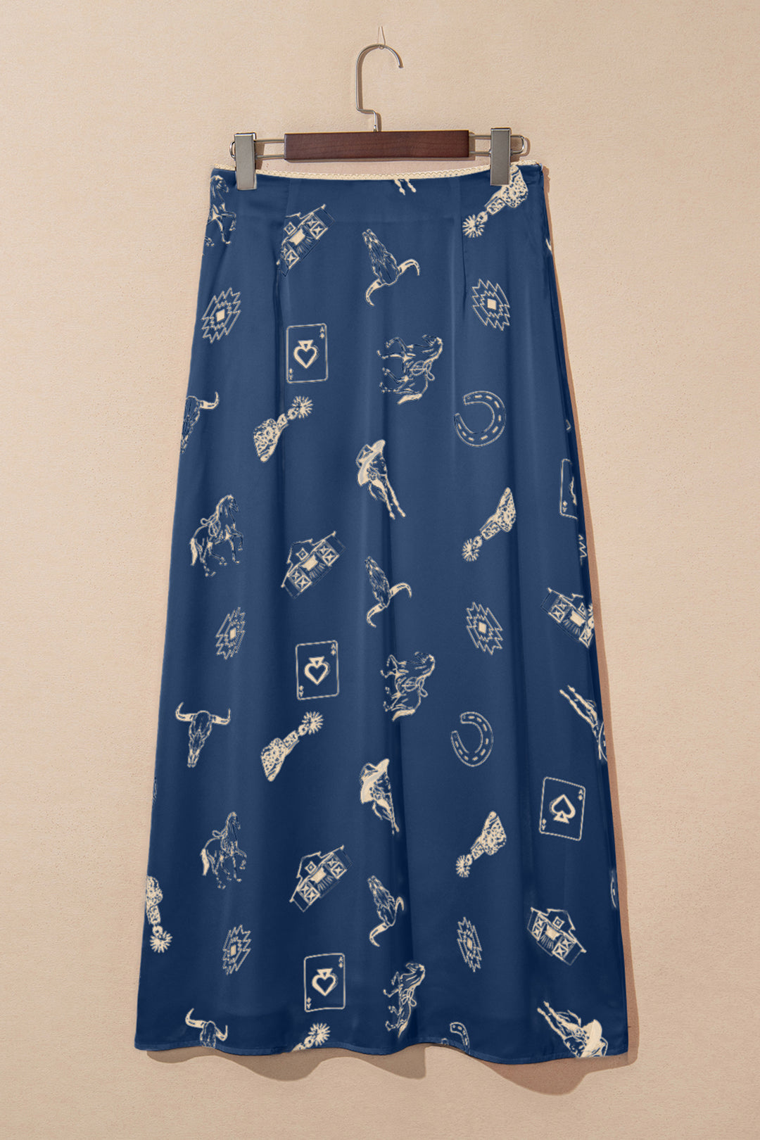Navy Blue Western Print Satin Long Skirt