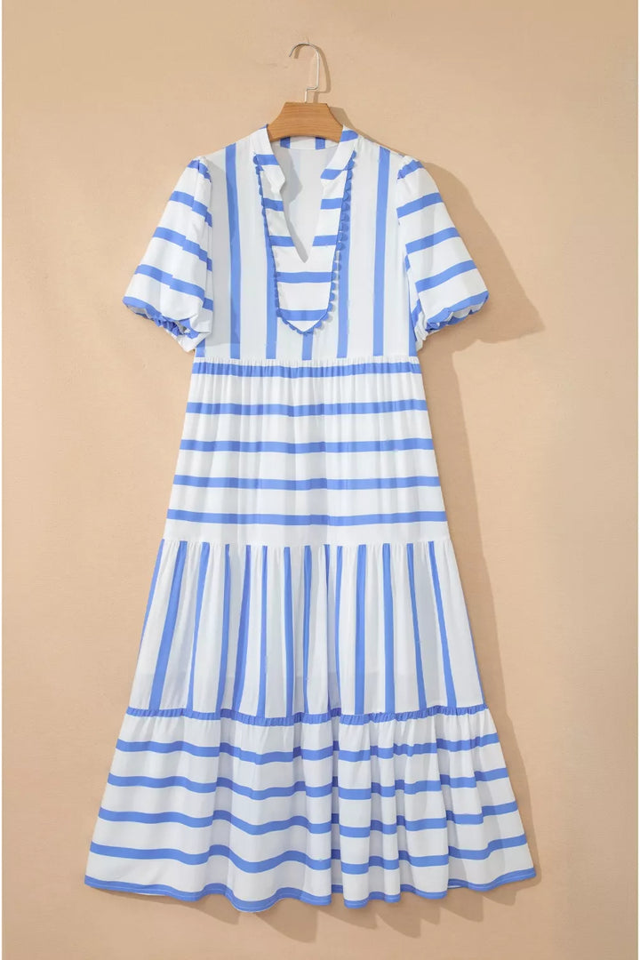 Stripe Ricrac Trim Notched Neck Half Sleeve Vacation Dress