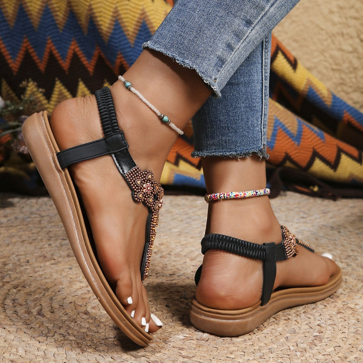 Bohemian Beaded Thong Sandals with Elastic Ankle Strap