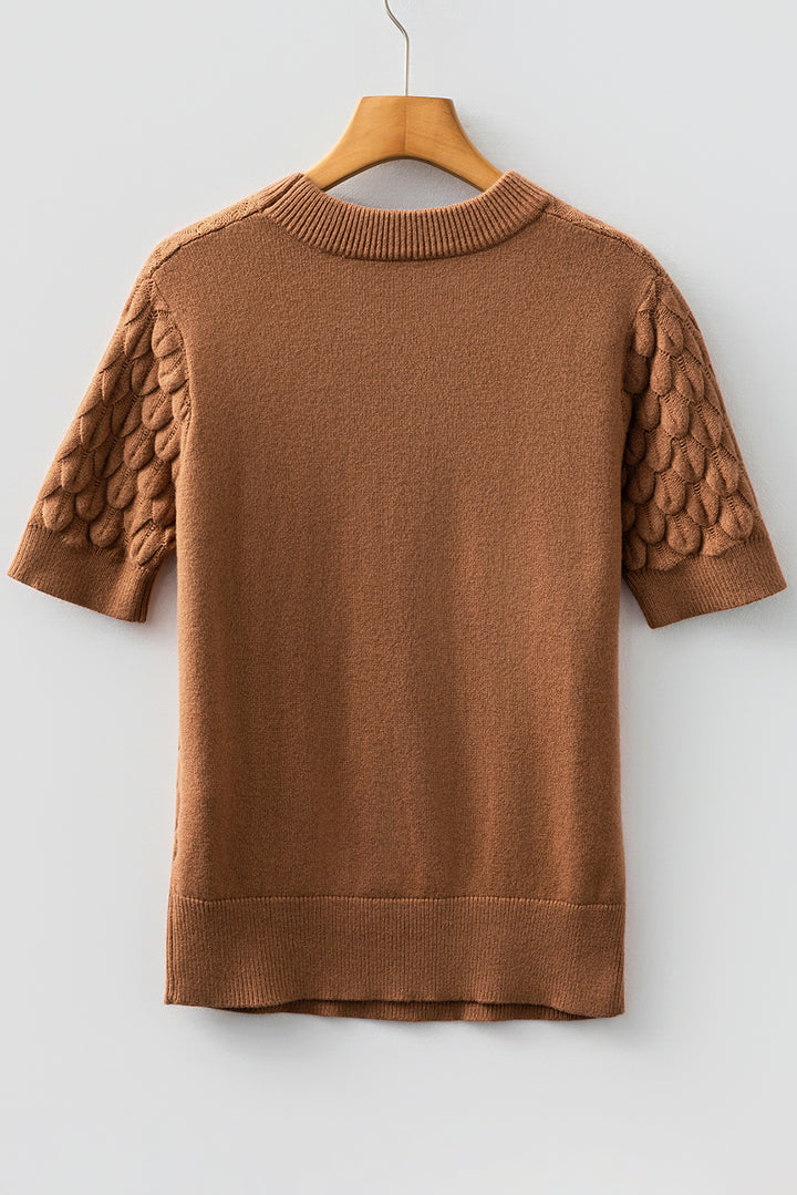 Straw Yellow Fish Scale Textured Knit Ribbed High Neck Short Sleeve Sweater