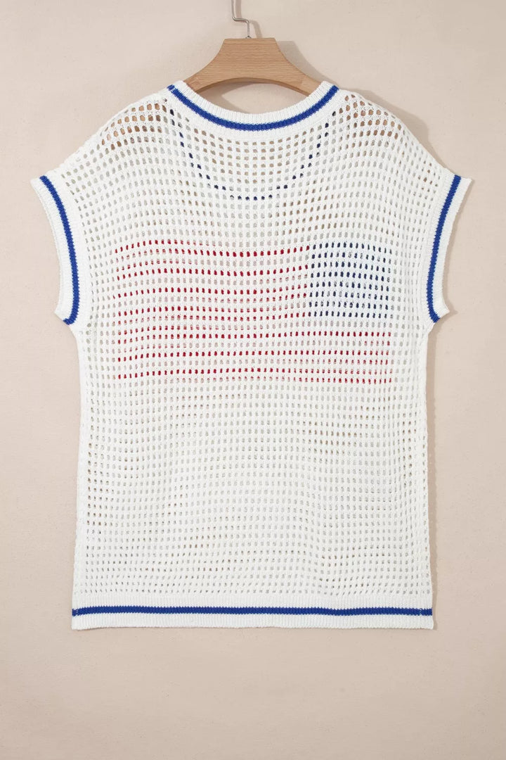 USA Flag Eyelet Knitted Cap Sleeve Sweater Top