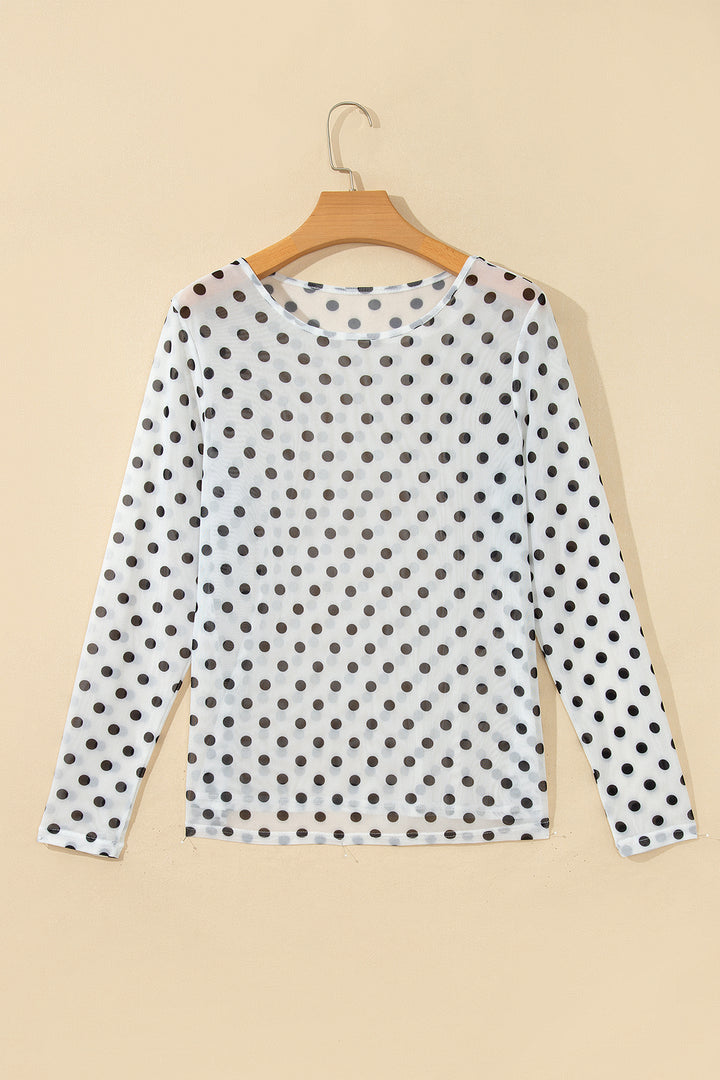 Black Polka Dot Sheer Mesh Long Sleeve Round Neck Shift Top