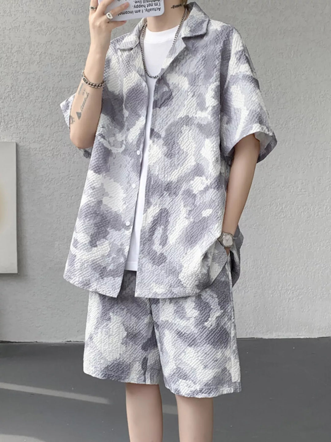 Men's Plus Size Casual Camouflage Print Shirt & Shorts Set