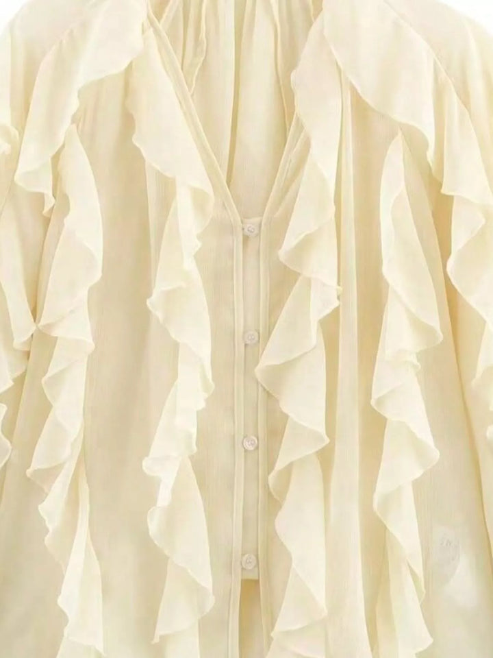 Ruffled Sheer Long Sleeve Blouse